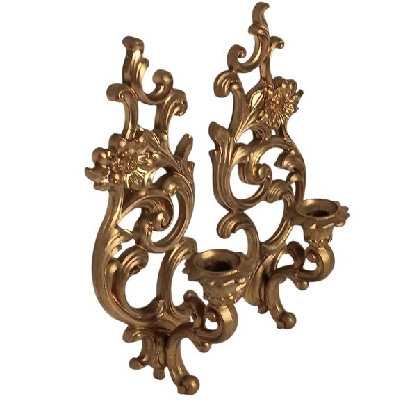 VTG Pair Syroco Gold Ornate Floral Scroll Candle Sconce Hollywood Regency #5133 - Picture 3 of 16